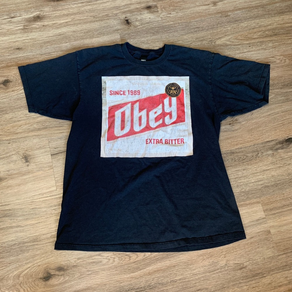 Obey Extra Bitter Graphic T-Shirt Mens XL Black Short Sleeve Beer Label Print